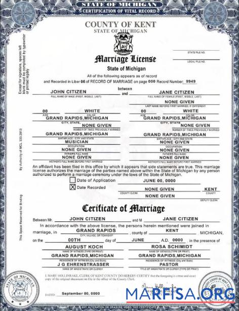 Downloadable USA state Michigan Kent County marriage certificate template in PSD format, fully editable, version 2